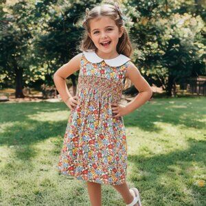 Korango Australia Vintage Floral Smocked Dress Classic Sleeveless Peter Pan Neck